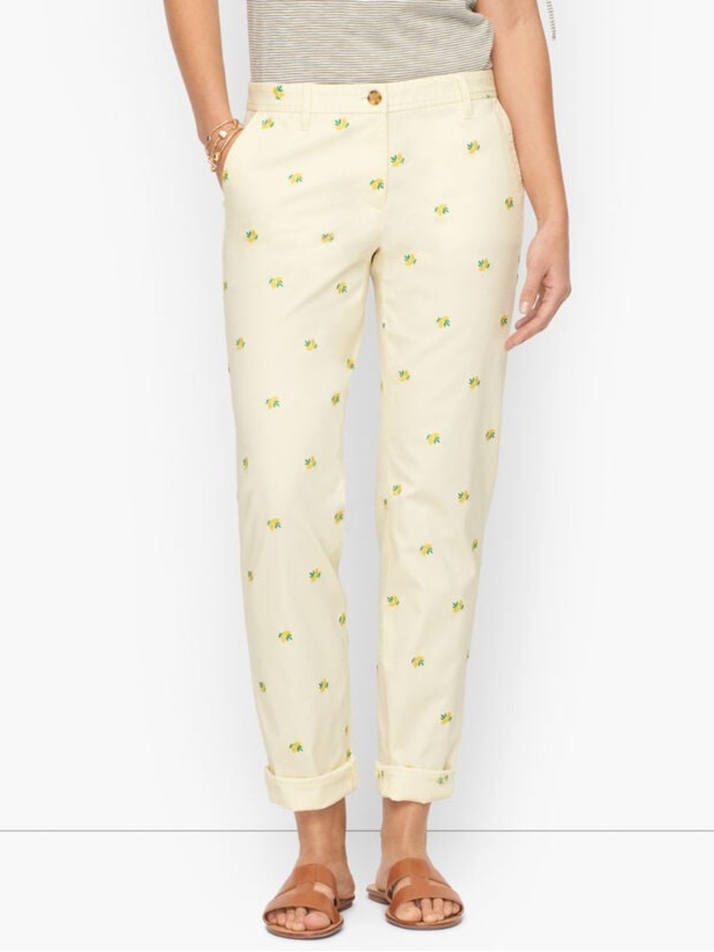 Talbots Cream Straight-Leg Chinos with Yellow Floral Embroidery